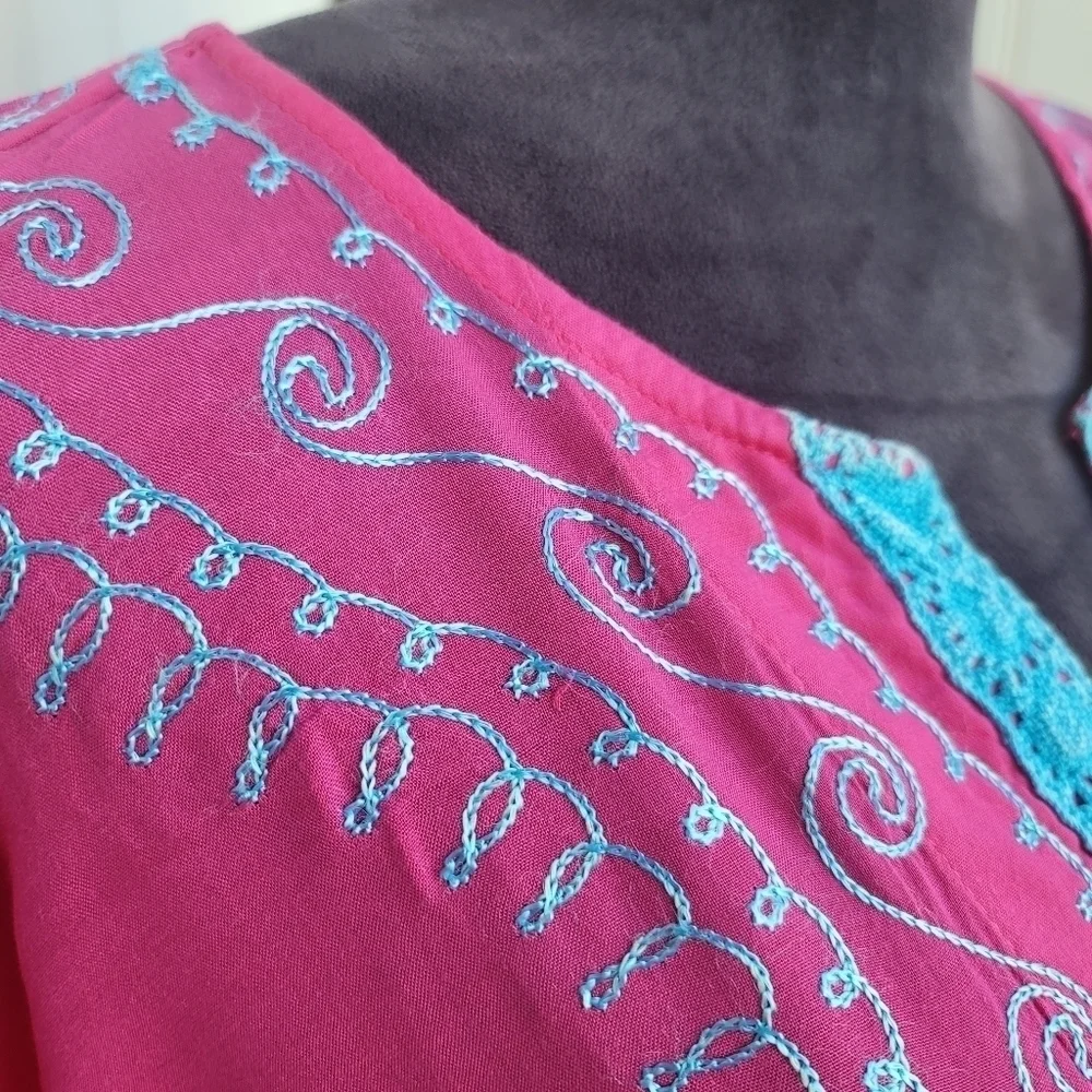 Blue Island Beach Hot Pink Blue Dress Swim Cover Up Tassel Pom Crochet Sz M